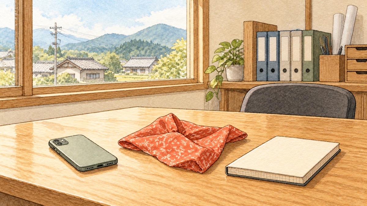 昼休みの事務所の机。スマホとお弁当の包み、閉じたノート