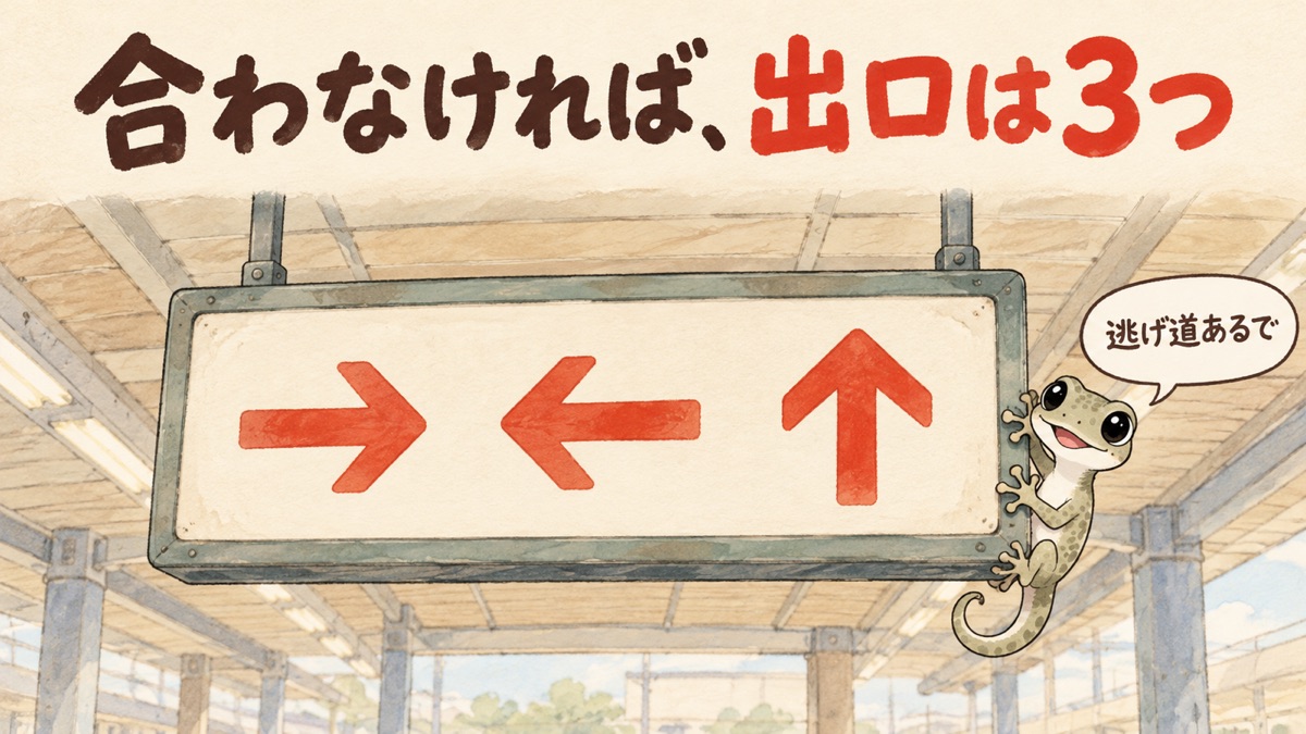 出口が3つ並ぶ駅の案内看板の写真。看板のすみにヤモリ