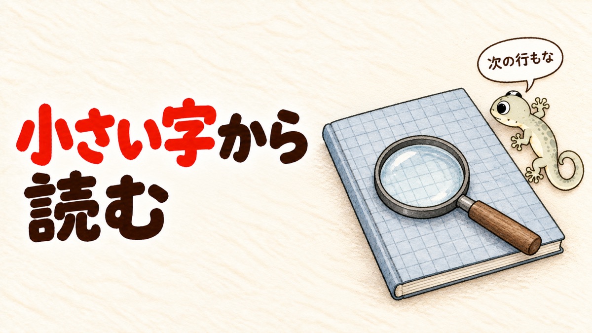 納戸の壁のヤモリと、虫眼鏡をのせた閉じたノート