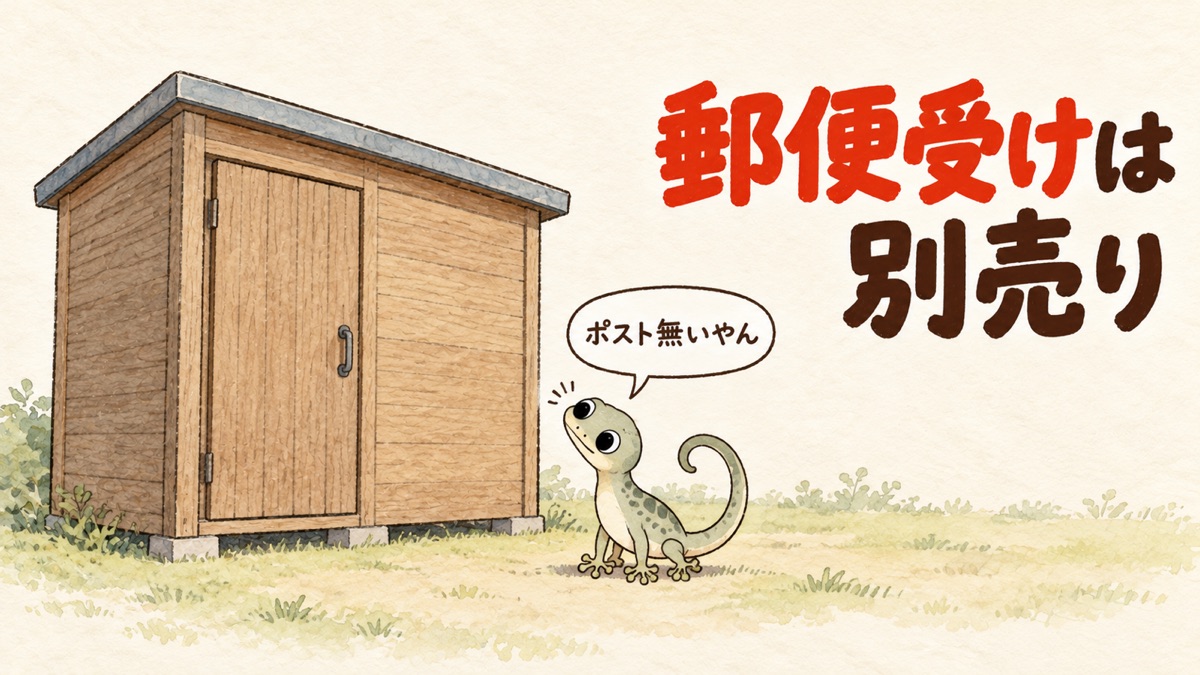 小さな物置の前に立つヤモリ。物置には郵便受けが無い