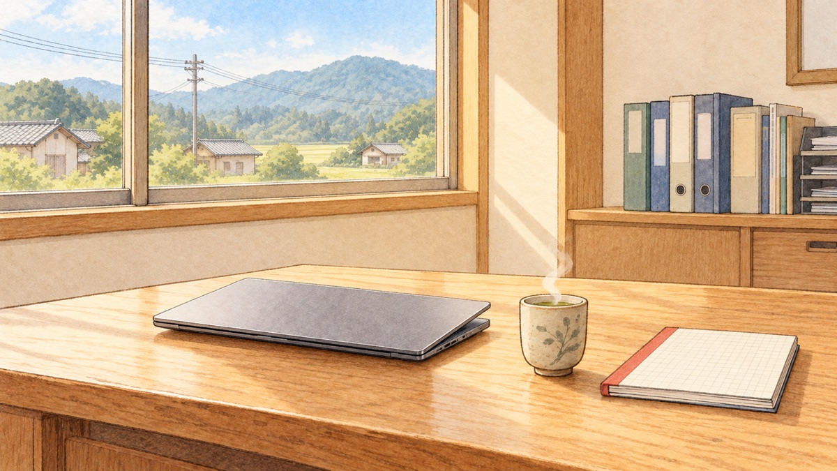 昼休みあとの事務所の机。古いノートパソコンと湯のみ、閉じたノート