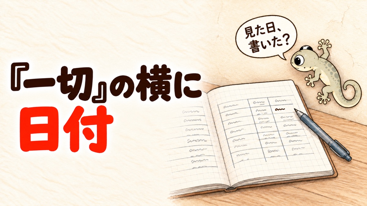 納戸の壁のヤモリと、日付を書き足したノートの表