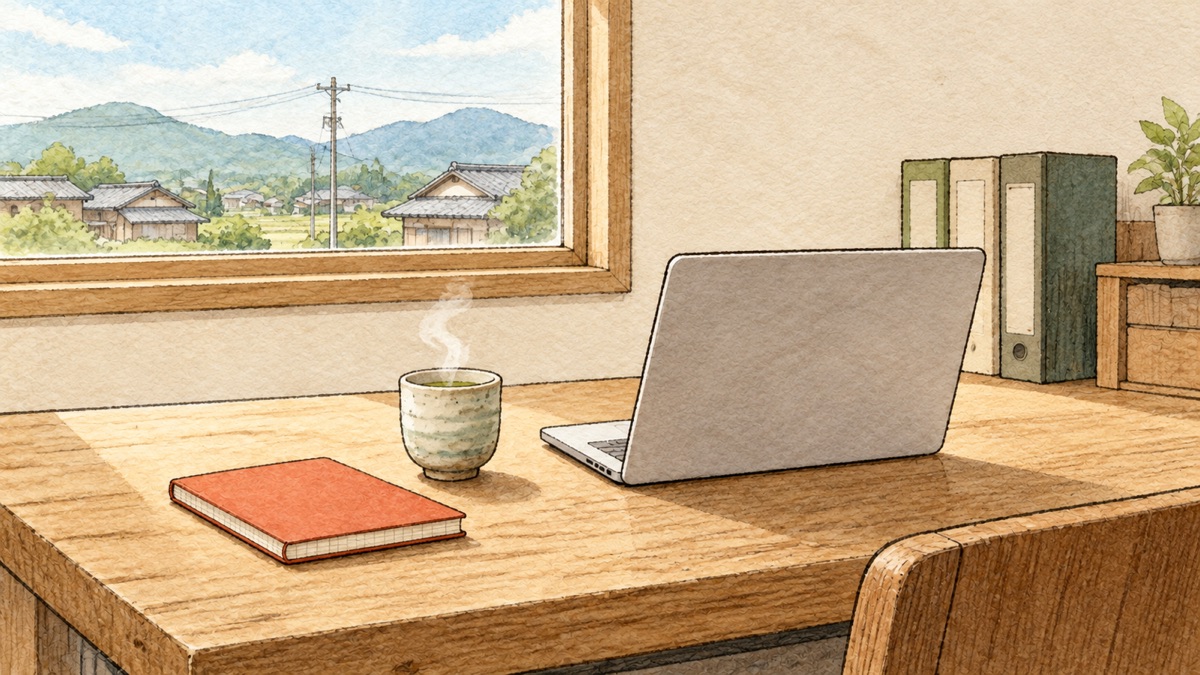 昼休みあとの事務所の机。開いたノートパソコン（画面は見えない角度）と、湯のみ、閉じたノート
