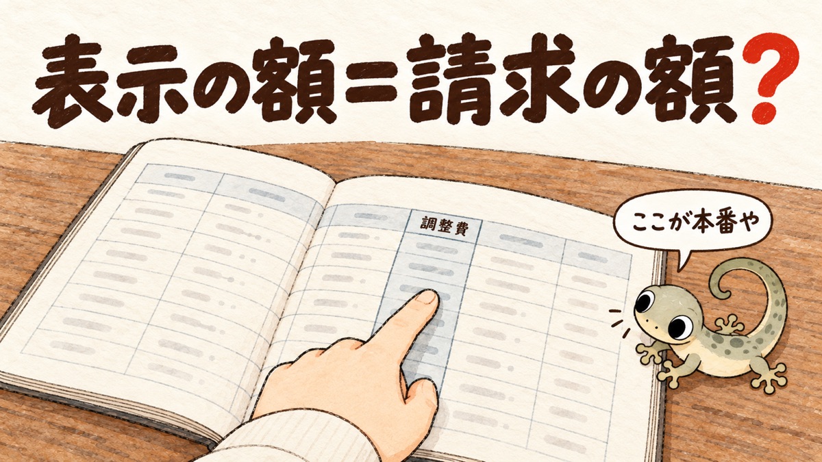 ノートの「調整費」の列を指でなぞる手元（数字はぼかす）